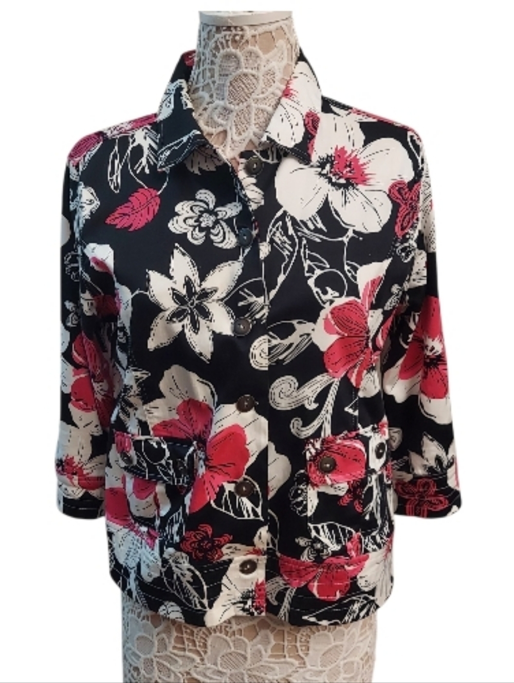 SPORTELLE Floral Cotton Button Down Jacket M Resortwear Vacation Summer